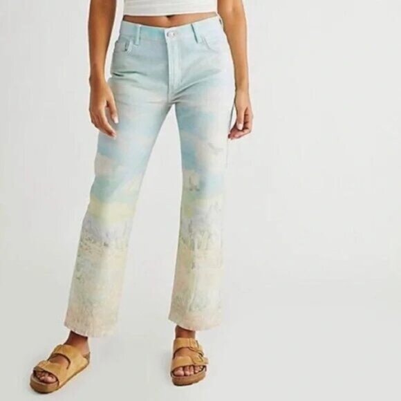 Free People We The Free Maggie Scenic Printed Southwest Cactus Denim Jeans Paste